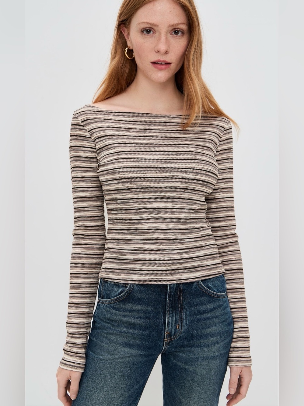 Reformation Wiley Striped Boatneck Long Sleeve Top in Grey Stripe